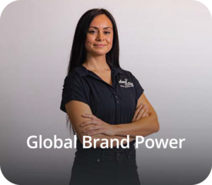 a woman in a black shirt with the words global power