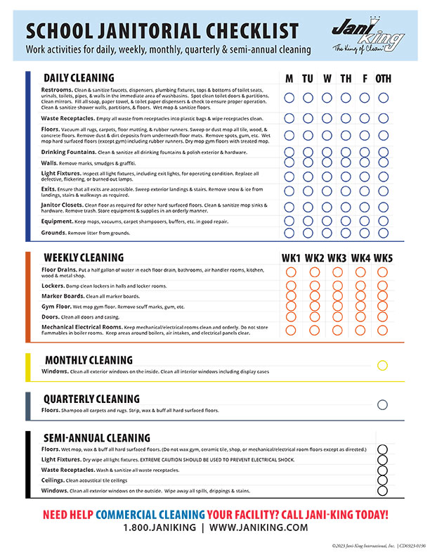 a checklist for cleaning and cleaning