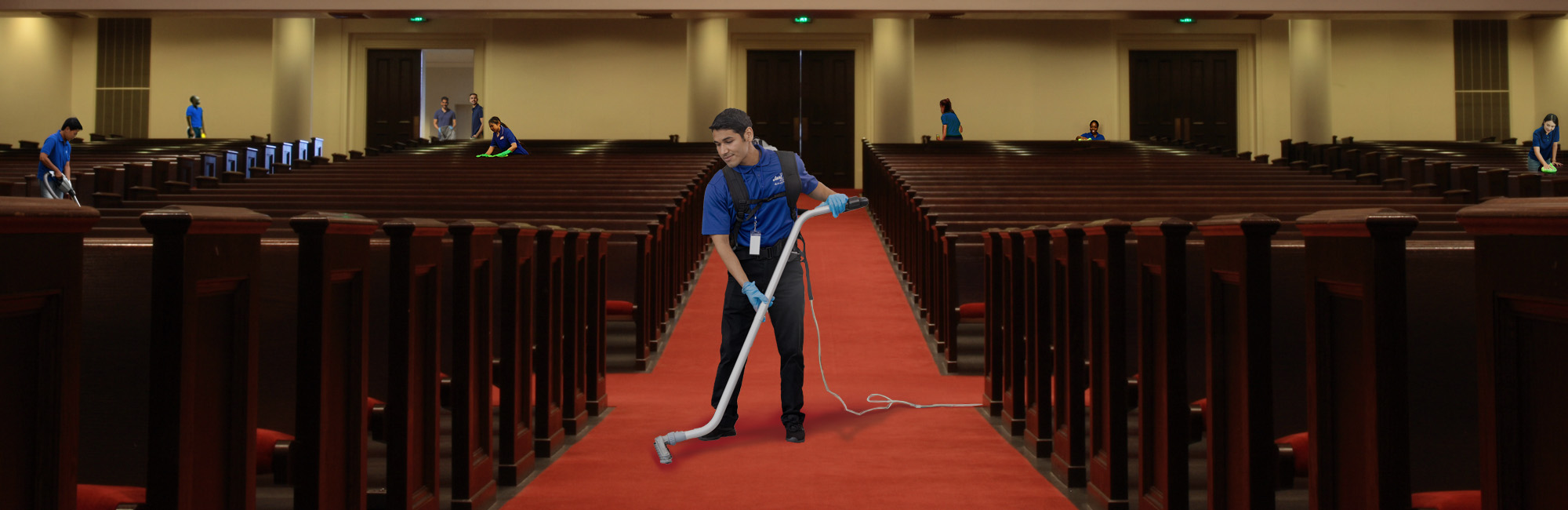 People cleaning in a place of worship